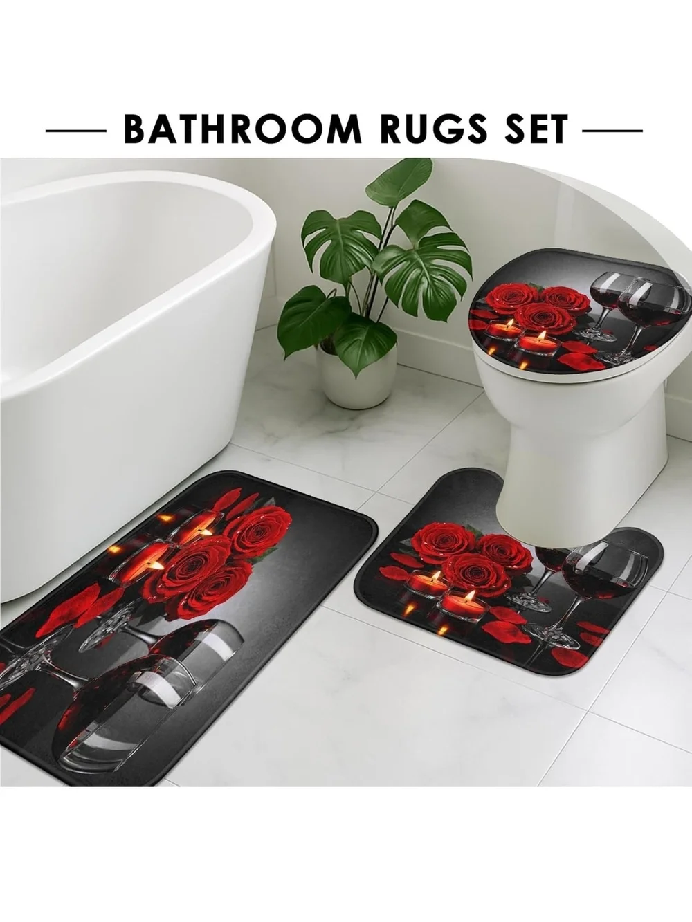 Red Rose Bathroom Shower Curtain Set - Romantic Floral Design